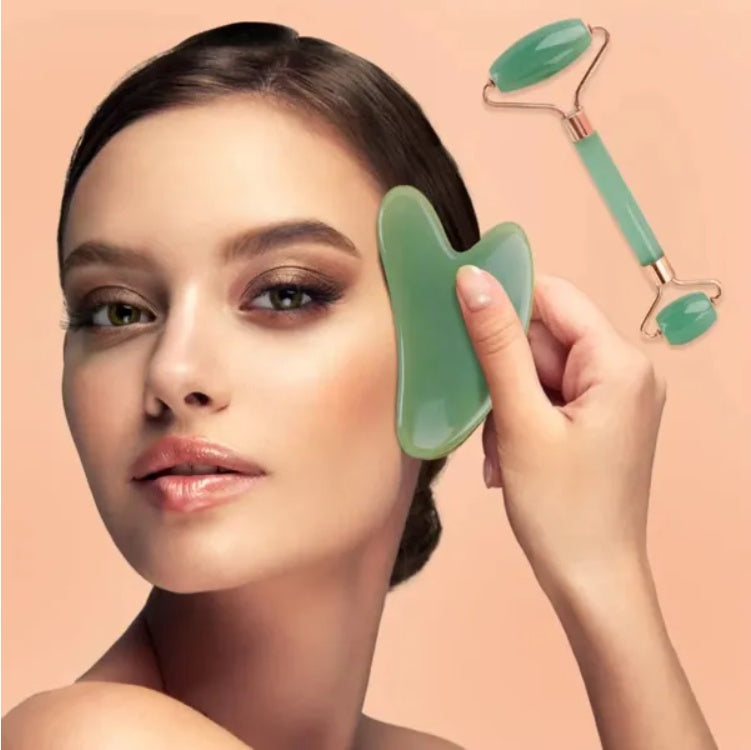Jade Roller and Gua Sha Set - Natural Facial Massage Tool for Anti-Aging